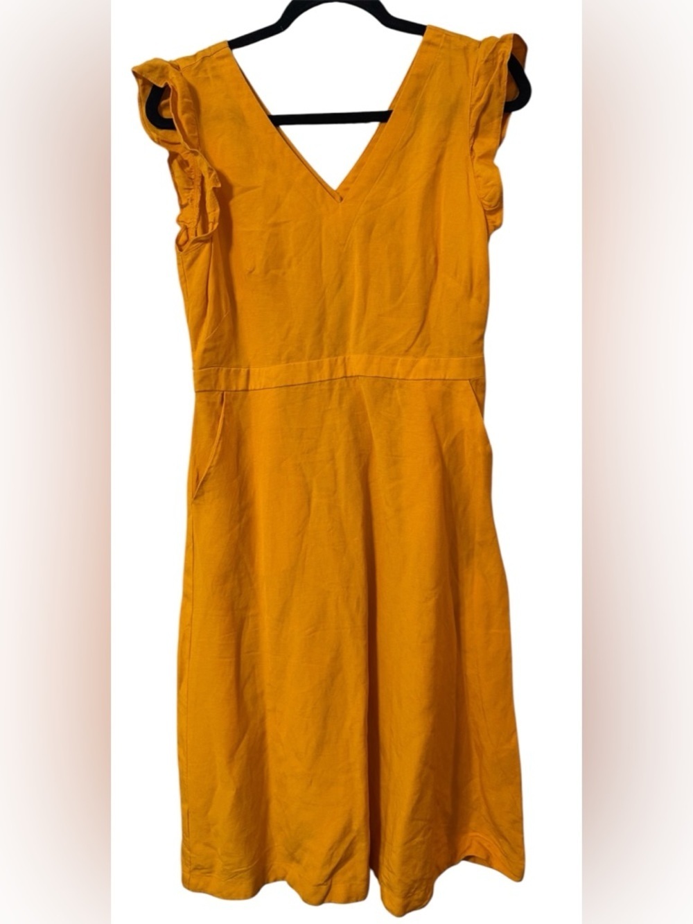 LOFT Linen Blend Mustard Yellow Midi Dress Sz 6 Ruffle Sleeve V-Neck w/ pockets!